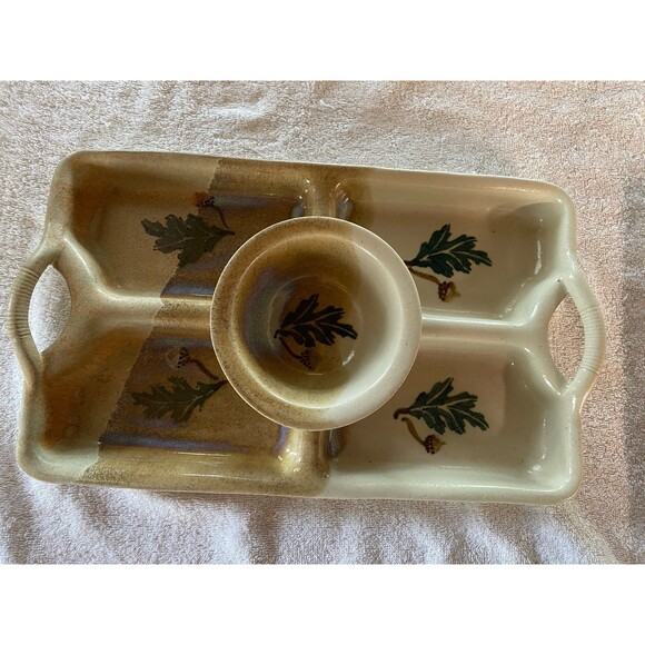 Stegall Signed Pottery Oak Leaves Appetizer Veggie Fruit Chip & Dip Tray - Picture 1 of 10